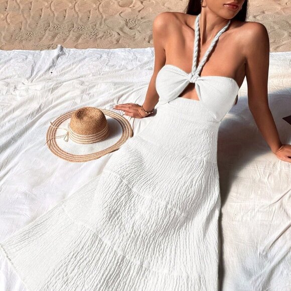 White Boho Women's Cut Out Tie Backless Halter Dress - Picture 4 of 5